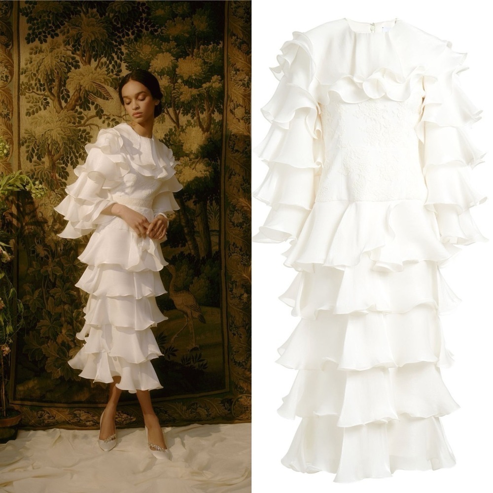 Markarian White Tiered Ruffle Midi Dress